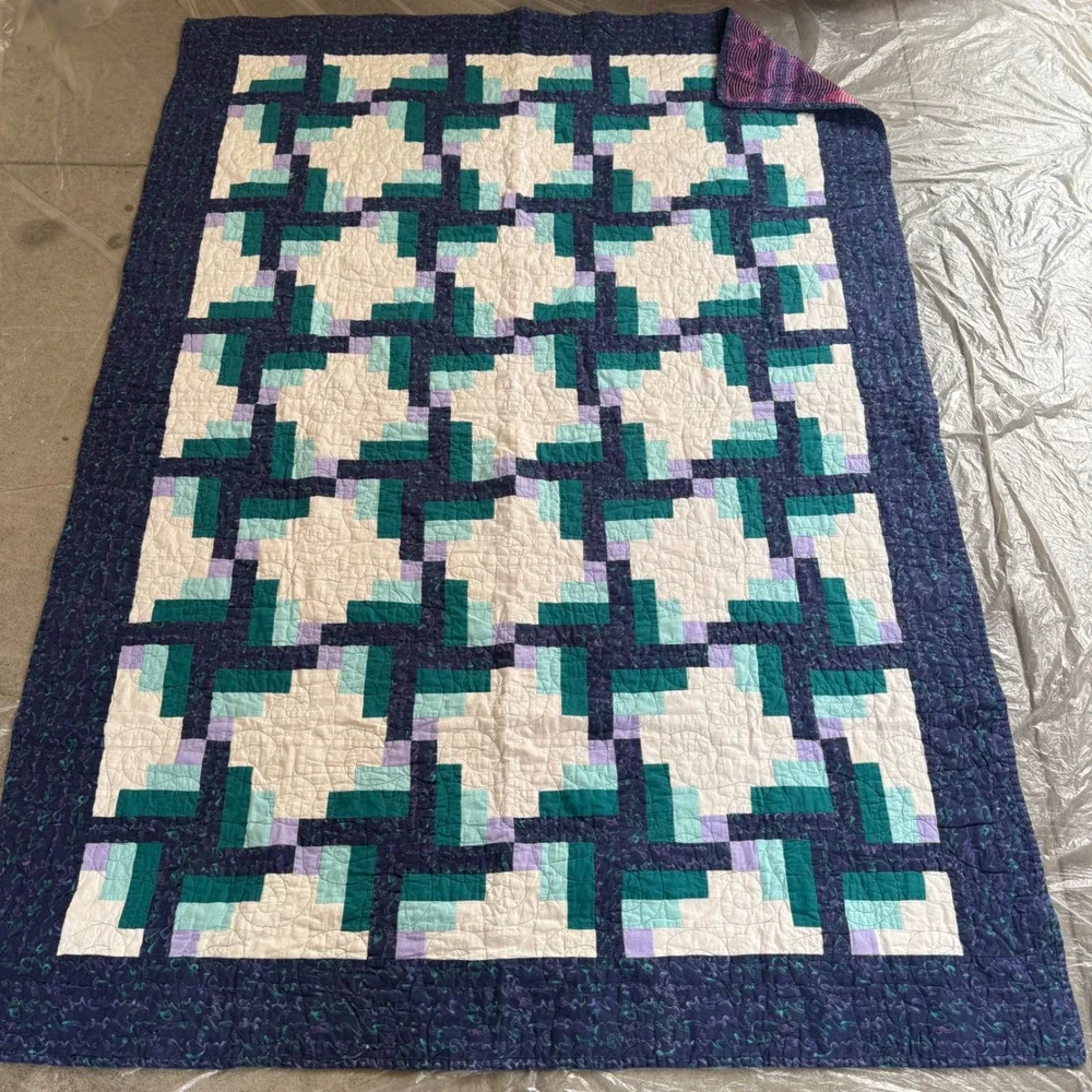Handmade Vintage Quilt 76x54 Blue Teal Purple Log Cabin Patchwork Geometric 90s